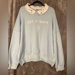 Doe Christmas Let it Snow Baby Blue White Sweater Women’s size XL collared
